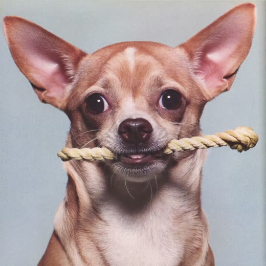 A dog holding a rope toy